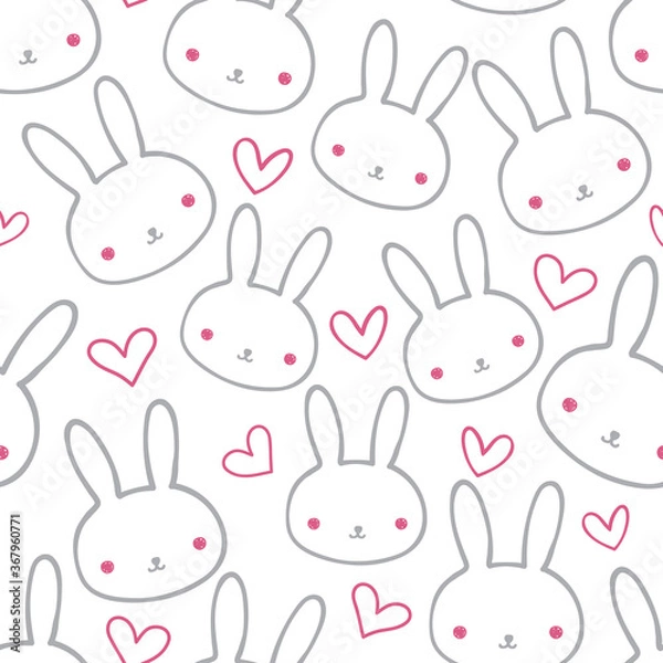 Fototapeta Cute grey bunnies and line art rabbits with red hearts seamless pattern on white background. Great for kids fabric, textile, nursery decoration, card, scrapbooking. Surface pattern design.