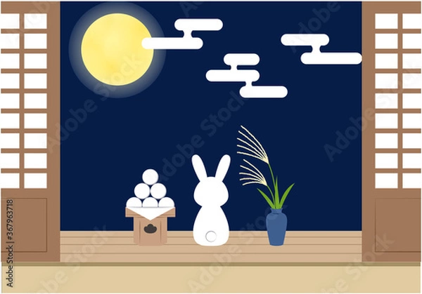 Fototapeta 十五夜_縁側でお月見をするうさぎ