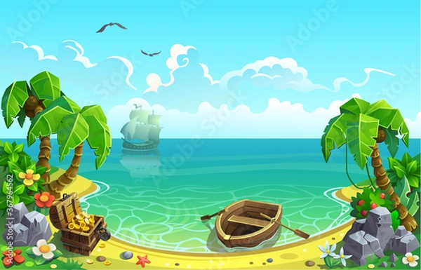 Obraz Treasure chest in the Gulf of the tropical island. Vector illustration.