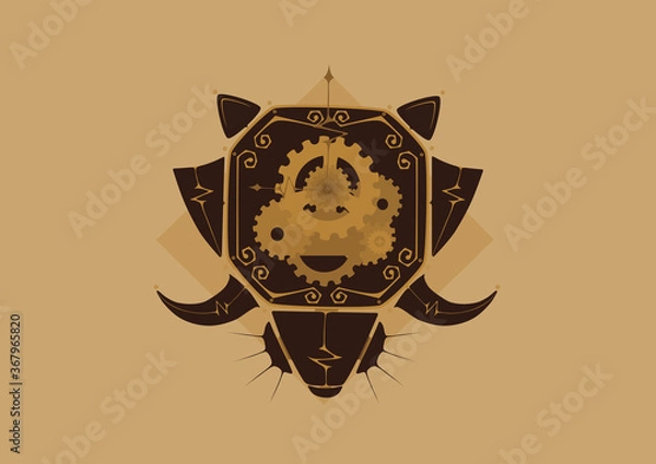 Fototapeta Illustration of octagon clock in geometric steampunk style. (Yellow & Brown)