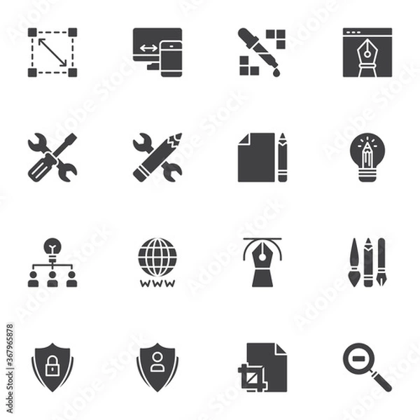 Fototapeta Design elements vector icons set, modern solid symbol collection, filled style pictogram pack. Signs, logo illustration. Set includes icons as designer tools, planning, inspiration, sketching, website