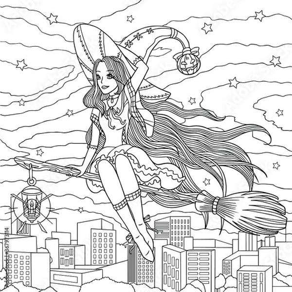 Fototapeta Witch flies on a  broom at night city. Coloring book page for adult. Girl in helloween costume with witch hat and with lantern is among stars. Vector hand drawn illustration with doodle elements.