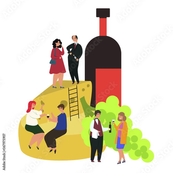 Fototapeta Wine tasting flat vector illustration. Alcohol Tasting Events, Men and Women have fun and try alcohol. Little people on cheese and next to a big bottle of wine and grapes, isolated on white background
