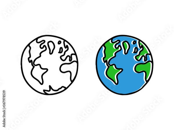 Fototapeta Planet Earth vector illustration. World Globe icon, simple monochrome doodle and blue and green cartoon version.