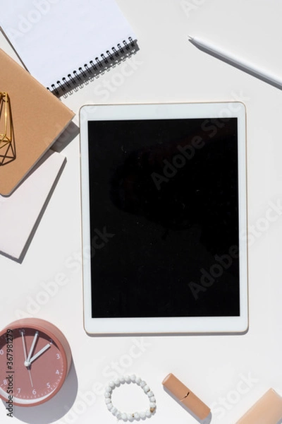 Fototapeta White and gold tablet pc with stylus mockup. Feminine stylish desk. Top view vertical mockup