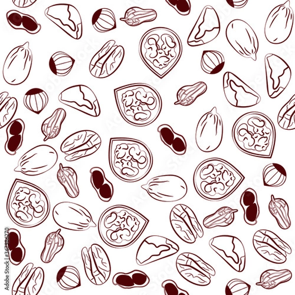 Fototapeta Hand drawn print with different whole and shelled nuts Sketch seamless pattern with walnuts, brazil nuts, peanuts, hazelnuts and pecan on white background