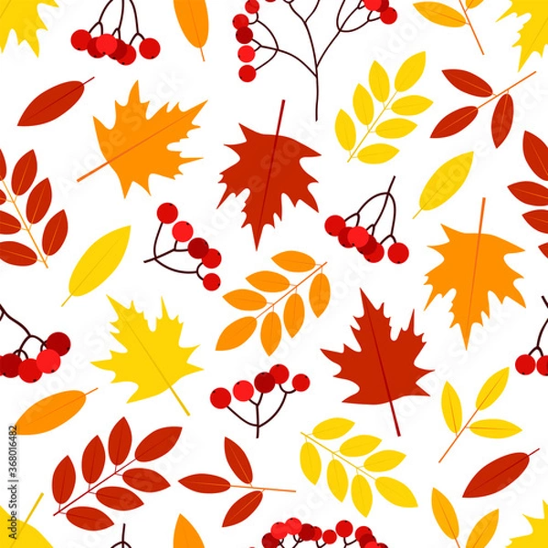 Fototapeta Autumn seamless pattern. Leaves and rowan.  Digital paper.