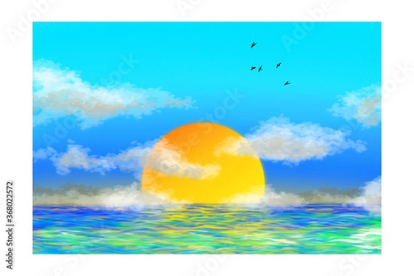Obraz Background vector in the evening sea with the sun and birds flying in the sky used as a promotional poster