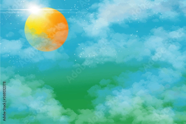 Obraz The green tones of the sky and the moon are created by vector with various clouds, used as a background image