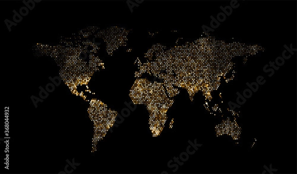 Fototapeta Halftone texture golden world map. World abstract illustration