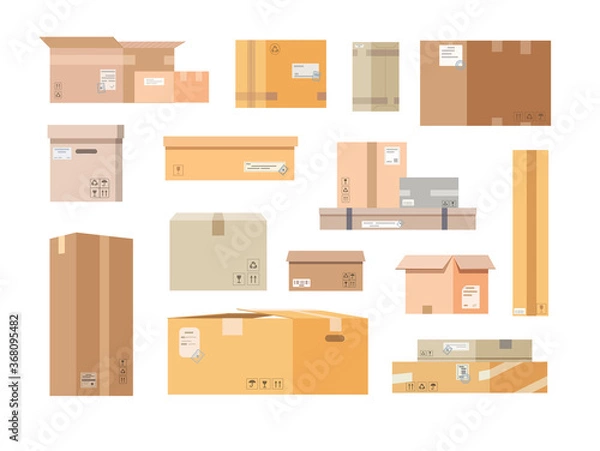 Obraz Cardboard boxes. Closed and open post boxes set. Vector illustration in flat style