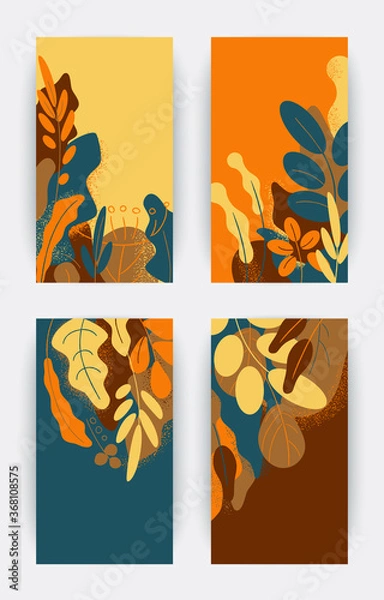 Fototapeta Vector set of floral banners made of leaves and plants with copy space for text - bright vibrant backgrounds in bold colors. Posters, covers template, packaging design, social media stories wallpaper