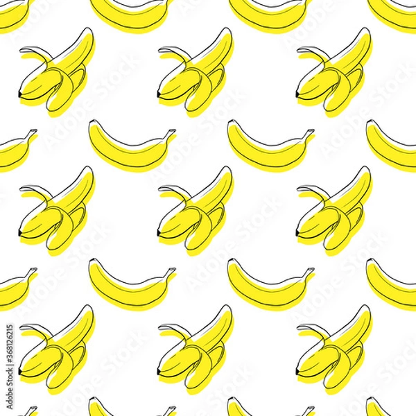 Fototapeta Seamless exotic plant vector pattern on white background. Hand drawn yellow banana fruits with black contour. Perfect for wallpaper or fabric.