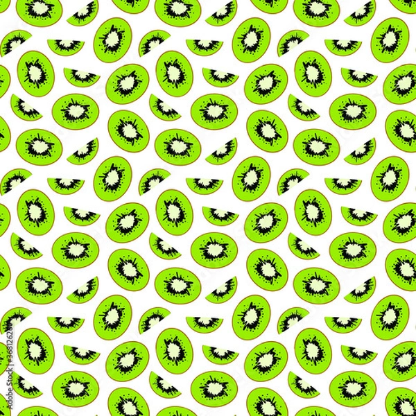 Fototapeta Seamless exotic plant vector pattern on white background. Hand drawn green kiwi fruit slices. Perfect for wallpaper or fabric. 