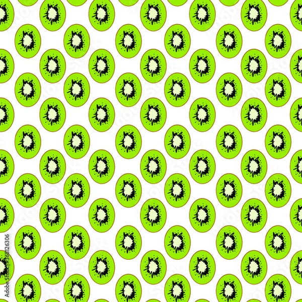 Fototapeta Seamless exotic plant vector pattern on white background. Hand drawn green kiwi fruit slices. Perfect for wallpaper or fabric. 