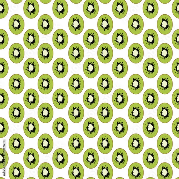 Fototapeta Seamless exotic plant vector pattern on white background. Hand drawn green kiwi fruit slices. Perfect for wallpaper or fabric. 
