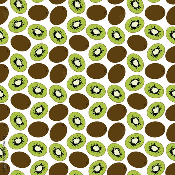 Fototapeta Seamless exotic plant vector pattern on white background. Hand drawn green slices and brown kiwi fruits. Perfect for wallpaper or fabric.