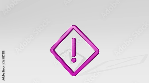 Fototapeta ALERT DIAMOND stand with shadow. 3D illustration of metallic sculpture over a white background with mild texture. icon and alarm