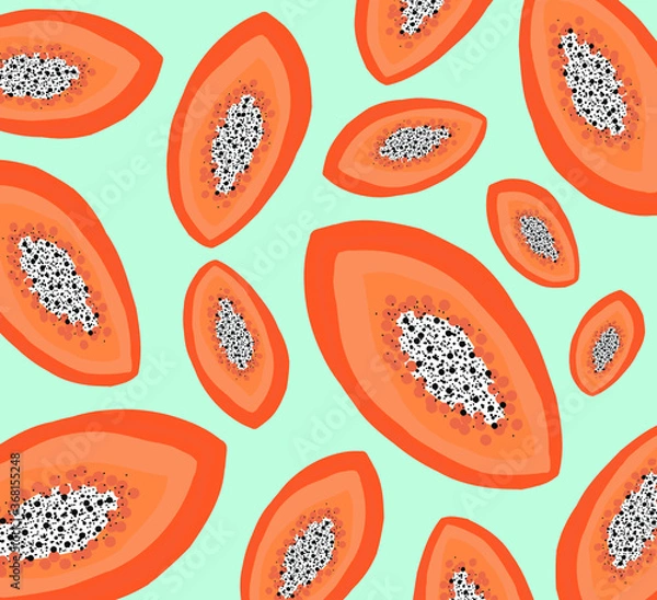 Fototapeta papaya seamless pattern, orange and teal, aquamarine, seeds, fruit pattern, print of tropical fruit, abstract background