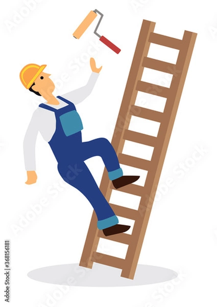 Obraz Worker falling from ladder. Workplace accident or construction safety concept.