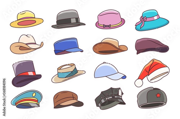 Obraz Hats and headwears. Hat images isolated on white background, headgear vector illustrations for man and woman, cap headgears for ladies and gentlemen