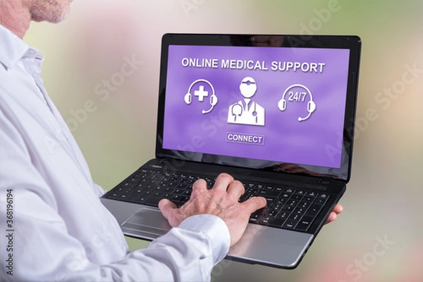 Fototapeta Online medical support concept on a laptop