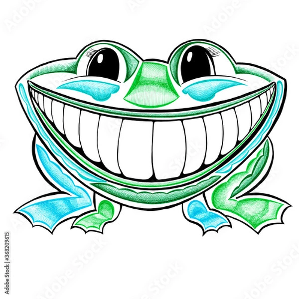Obraz Frog smiles hand drawn with color markers caricature style sketch isolated on a white background.