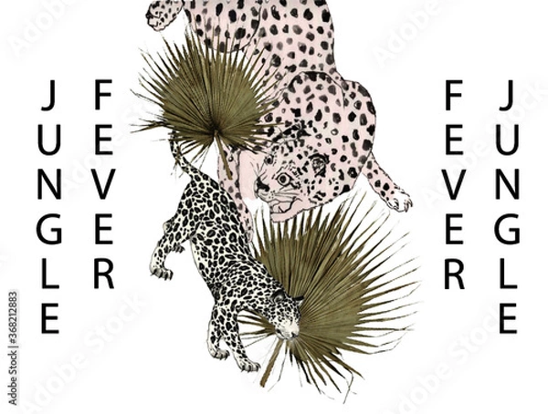 Fototapeta Jungle Fever, vector illustration of a abstract background with flowers, palm leaf, jungle cat collage, mood board