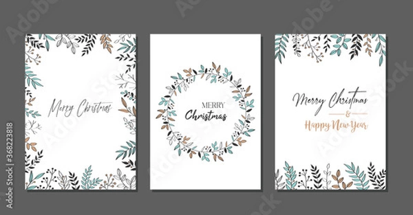 Fototapeta Trendy Merry Christmas set cards with modern hand drawn elements and greetings. Lettering design collection. doodle and scribbles line vector. 