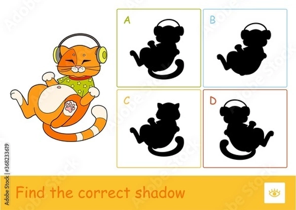 Fototapeta Find the correct shadow quiz learning.  Children game with the illustration of cute cat in T-shirt, listening to the music in headphones and four silhouette shadows for the youngest children.