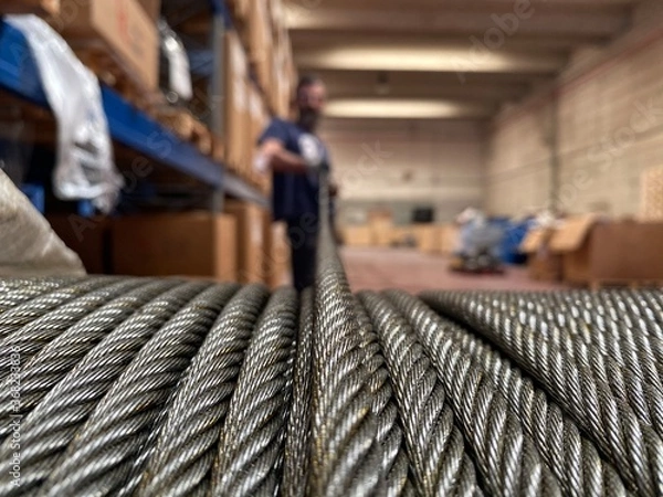 Fototapeta Tie rods of steel cable, steel rope. Machining in a mechanical workshop