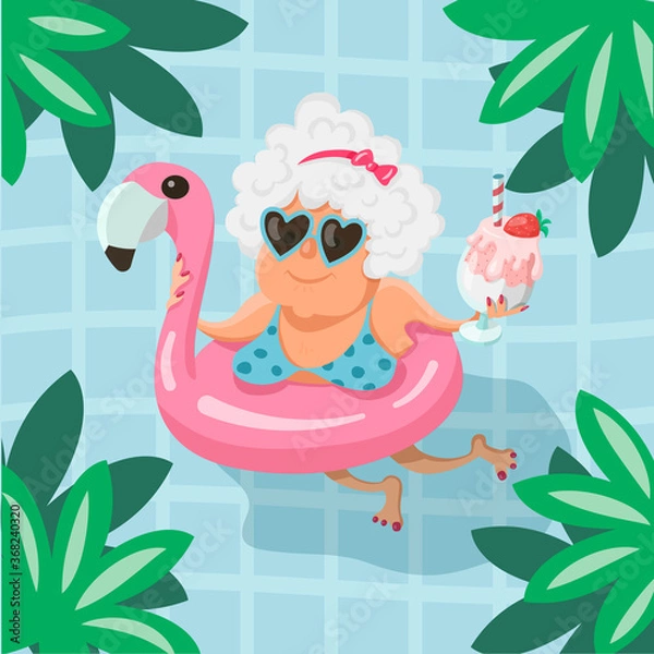 Obraz A super cute, fashionable, well-groomed old woman swims in a swimming pool with a strawberry cocktail in a swimming circle in the shape of a flamingo. Vector illustration in cartoon style.