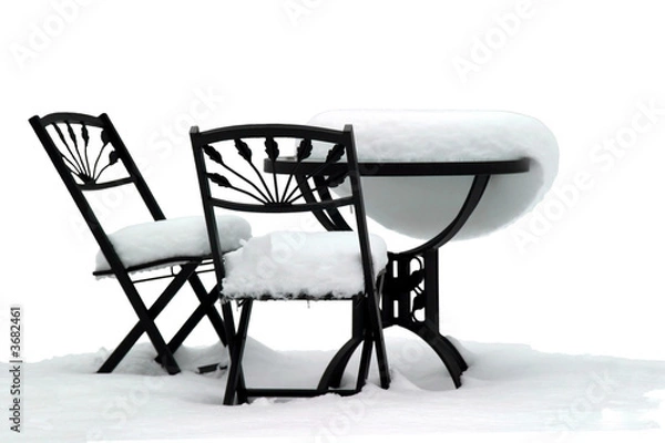 Obraz Bistro Set on White - Garden furniture after a snowstorm