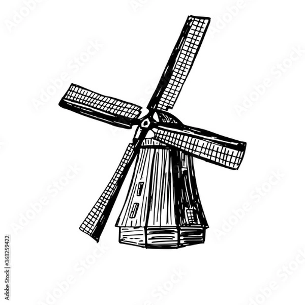 Fototapeta Wind mill, windmill hand drawn sketch vector engraved illustration. Old building emblem, logo, banner, badge for poster, web, mobile, icon, packaging