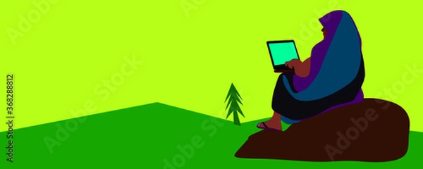 Obraz An indian poor village farmer lady cartoon illustration working on computer isolated nature green colorful background.