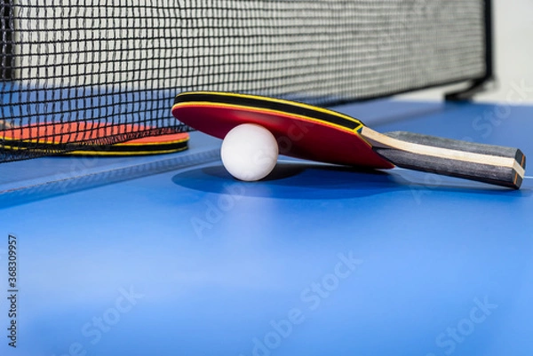 Fototapeta Red table tennis racket and a white ball on the blue ping pong table with a black net, Two table tennis paddle is a sports competition equipment indoor activity and exercise for concept background