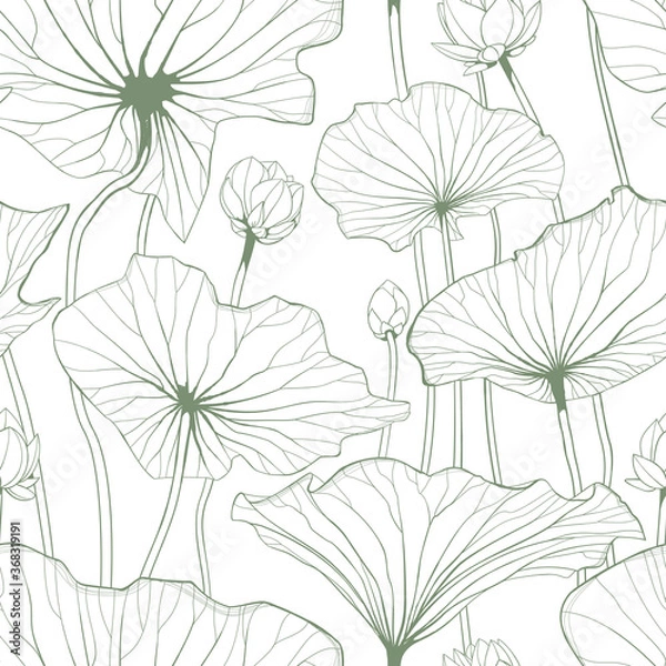 Fototapeta Seamless vector pattern with water lily flowers and leaves. Floral ornament. Vector illustration