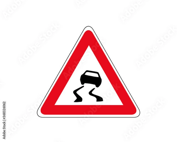 Fototapeta Slippery road traffic warning sign vector. Red triangle board. Road traffic symbols.