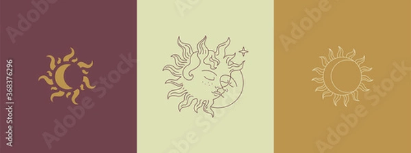 Fototapeta Delicate and natural logos depicting the sun and the moon. Vector illustration for female business. Warm linear illustration, the sleeping sun hugs the moon. Logo for a beauty salon or cosmetics store