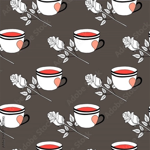 Obraz Valentines day seamless pattern with coffee cup and hearts. Beautiful greeting card with valentines day seamless pattern. Red heart valentine love logo vector. Holiday background.Vector illustration