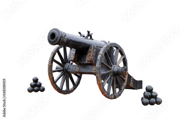 Fototapeta An ancient cannon with cores. Isolated on white.
