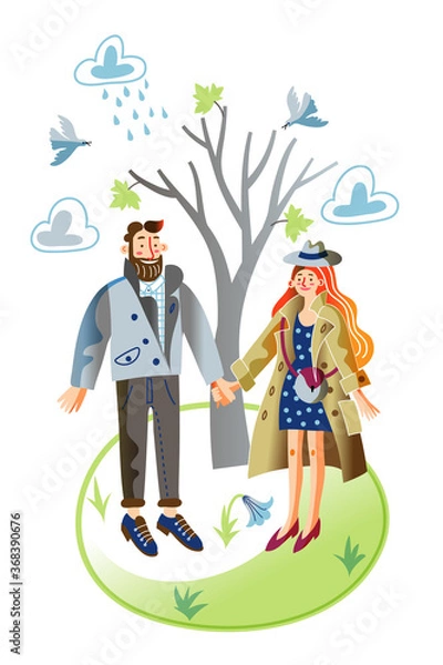 Fototapeta Vector character illustration cute couple in spring time