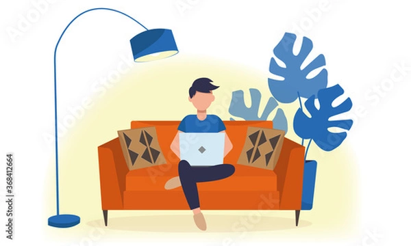 Obraz Man working at home with computer. Freelancers working on laptop. Vector flat style illustration. Home office workplace.
