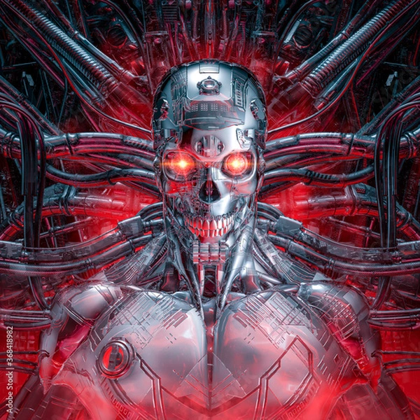 Fototapeta Robot-zabójca Chrome / ilustracja 3D czaszki science fiction w obliczu złego cyborga połączonego z maszynerią obcych