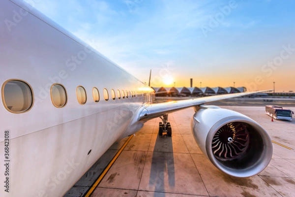 Obraz Airplane being preparing ready for takeoff in international airport at sunset - Travel around the world.