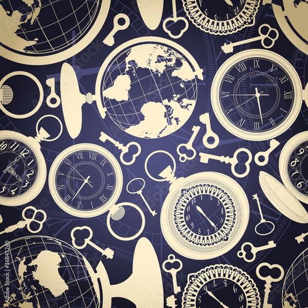 Fototapeta Seamless retro background with globes, keys and watches