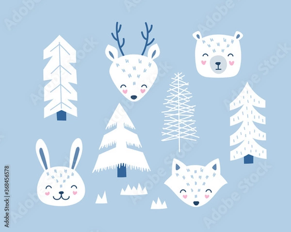 Fototapeta Set of forest animals, fox, bear, deer, hare in the Scandinavian style. Vector isolated illustration on blue background.