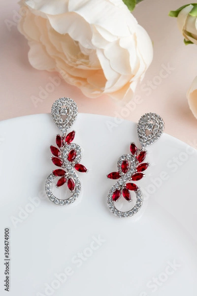 Obraz Close up of diamond earrings. space for your text.