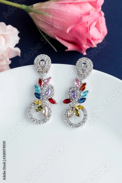 Obraz Close up of diamond earrings. space for your text.