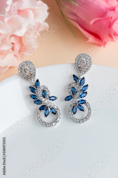Obraz Close up of diamond earrings. space for your text.